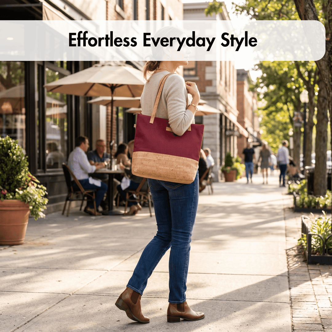Person walking on a sidewalk with a red and beige tote bag, surrounded by outdoor seating of a cafe.