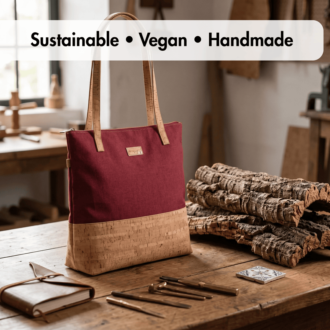Red and cork tote bag on a wooden table with 'Sustainable, Vegan, Handmade' text above.