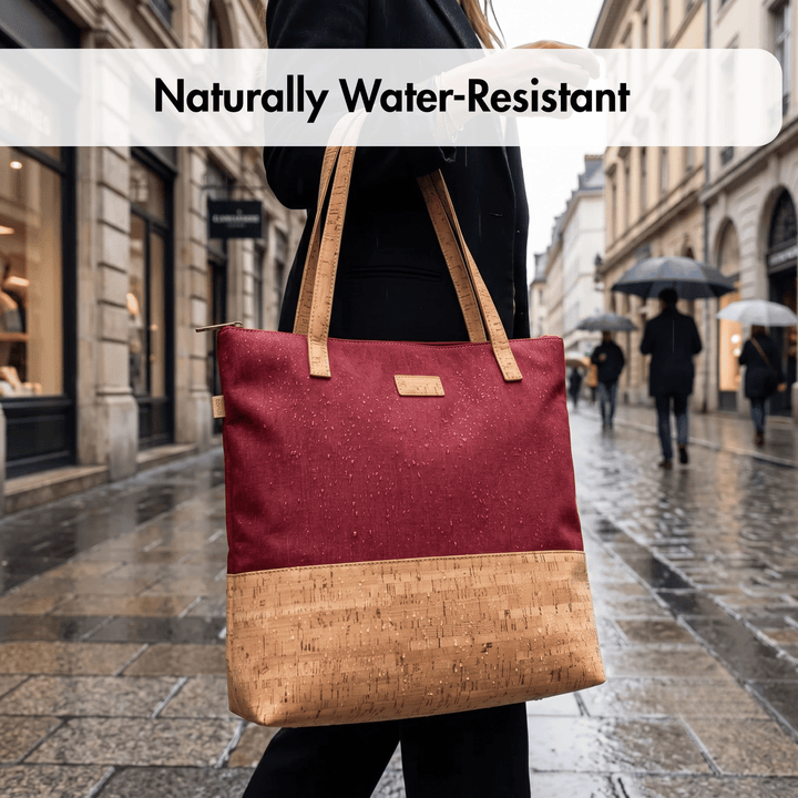 Person holding a red and cork tote bag on a rainy city street with 'Naturally Water-Resistant' text.