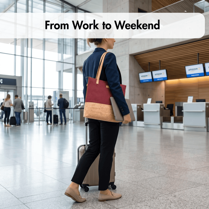 Person with luggage and a handbag in an airport terminal, with 'From Work to Weekend' text overlay.
