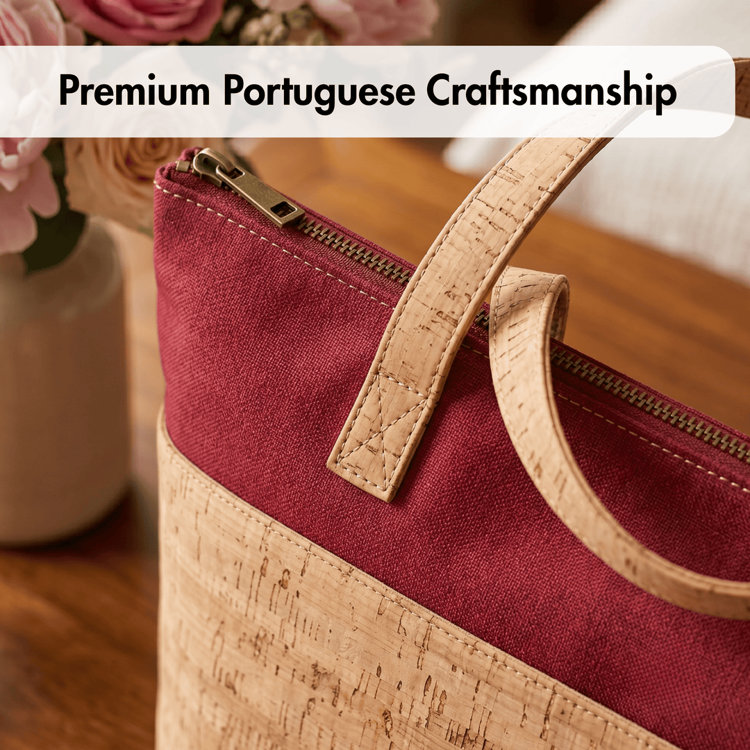 Red bag with cork handle and base, featuring 'Premium Portuguese Craftsmanship' text.