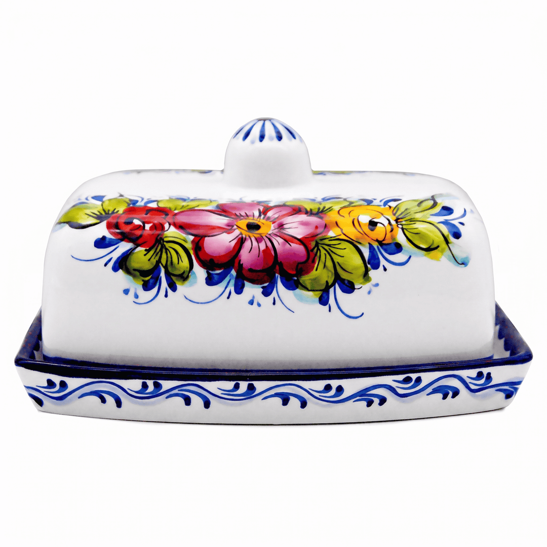 Portuguese Pottery Alcobaça Ceramic Hand Painted Butter Dish with Lid