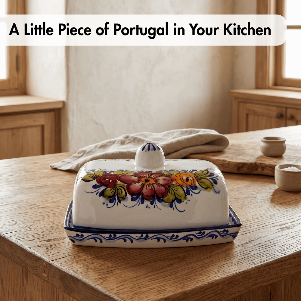 Portuguese Pottery Alcobaça Ceramic Hand Painted Butter Dish with Lid