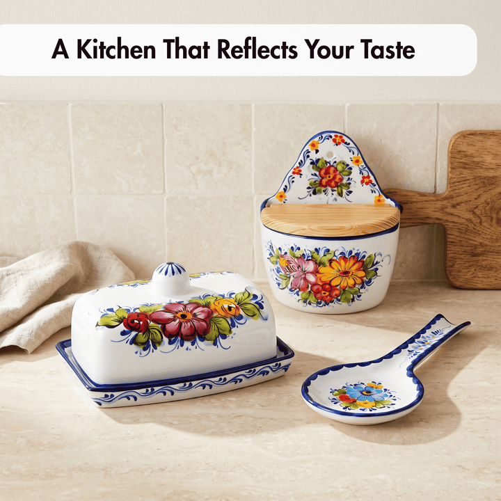 Portuguese Pottery Alcobaça Ceramic Hand Painted Butter Dish with Lid