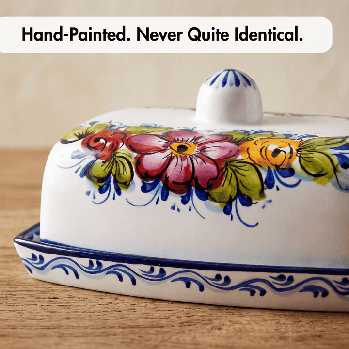 Portuguese Pottery Alcobaça Ceramic Hand Painted Butter Dish with Lid