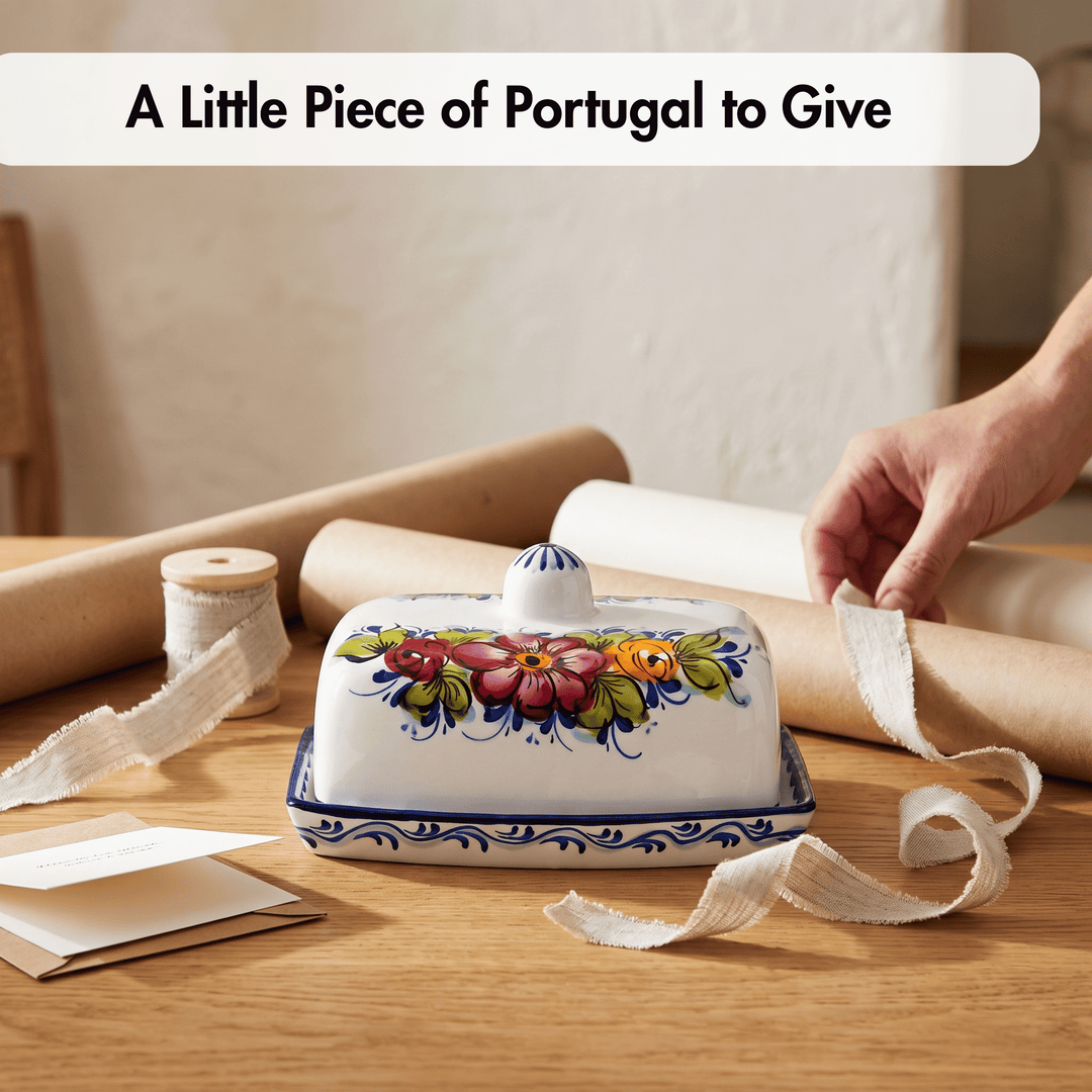 Portuguese Pottery Alcobaça Ceramic Hand Painted Butter Dish with Lid
