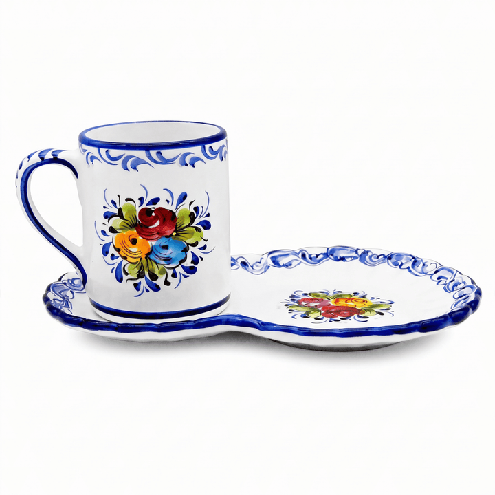 Portuguese Pottery Alcobaça Ceramic Hand Painted Coffee Mug with Tray