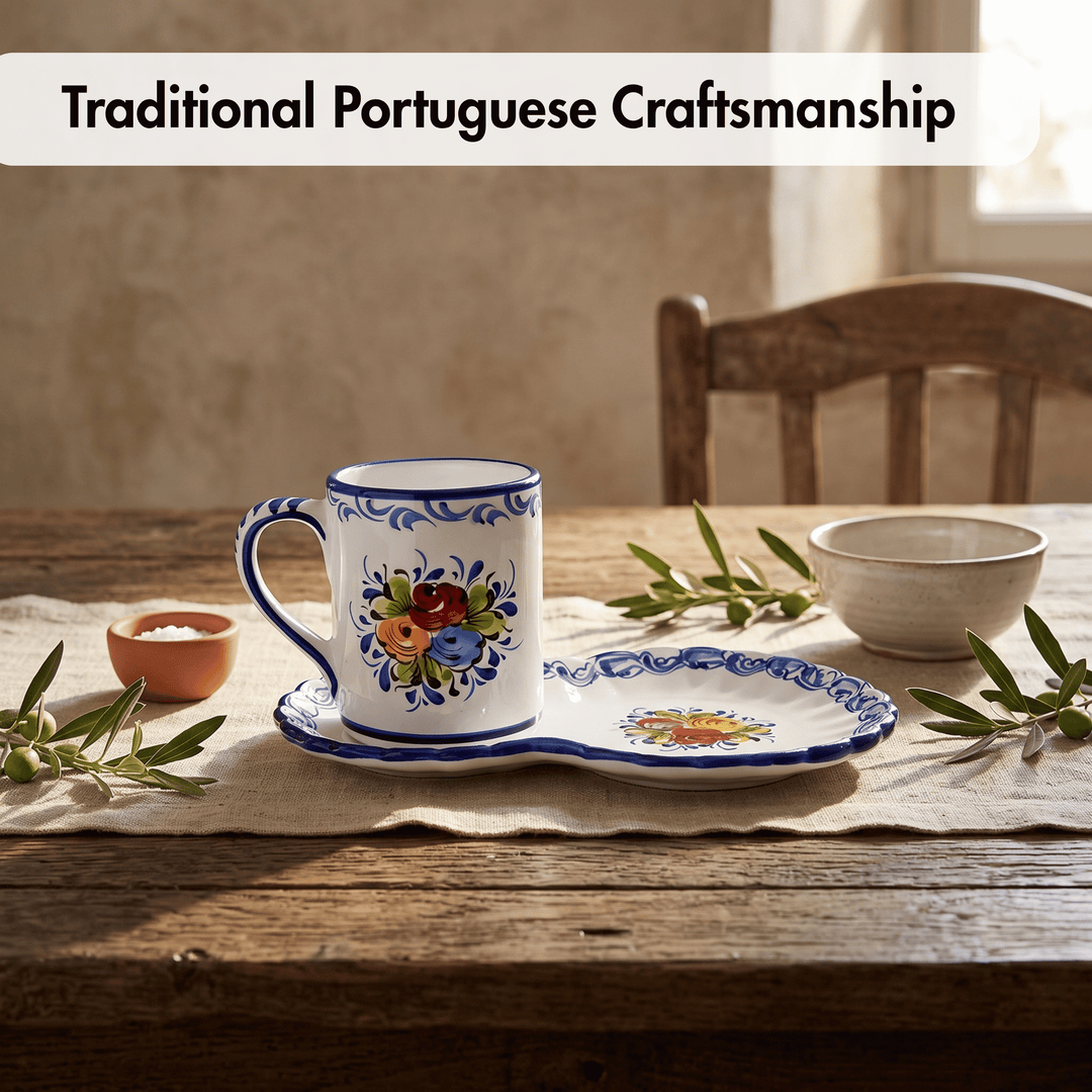 Portuguese Pottery Alcobaça Ceramic Hand Painted Coffee Mug with Tray