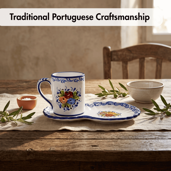 Portuguese Pottery Alcobaça Ceramic Hand Painted Coffee Mug with Tray
