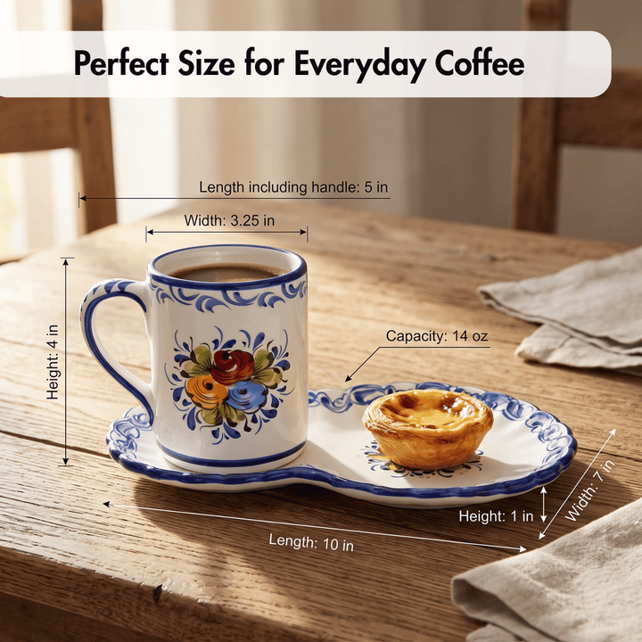 Portuguese Pottery Alcobaça Ceramic Hand Painted Coffee Mug with Tray