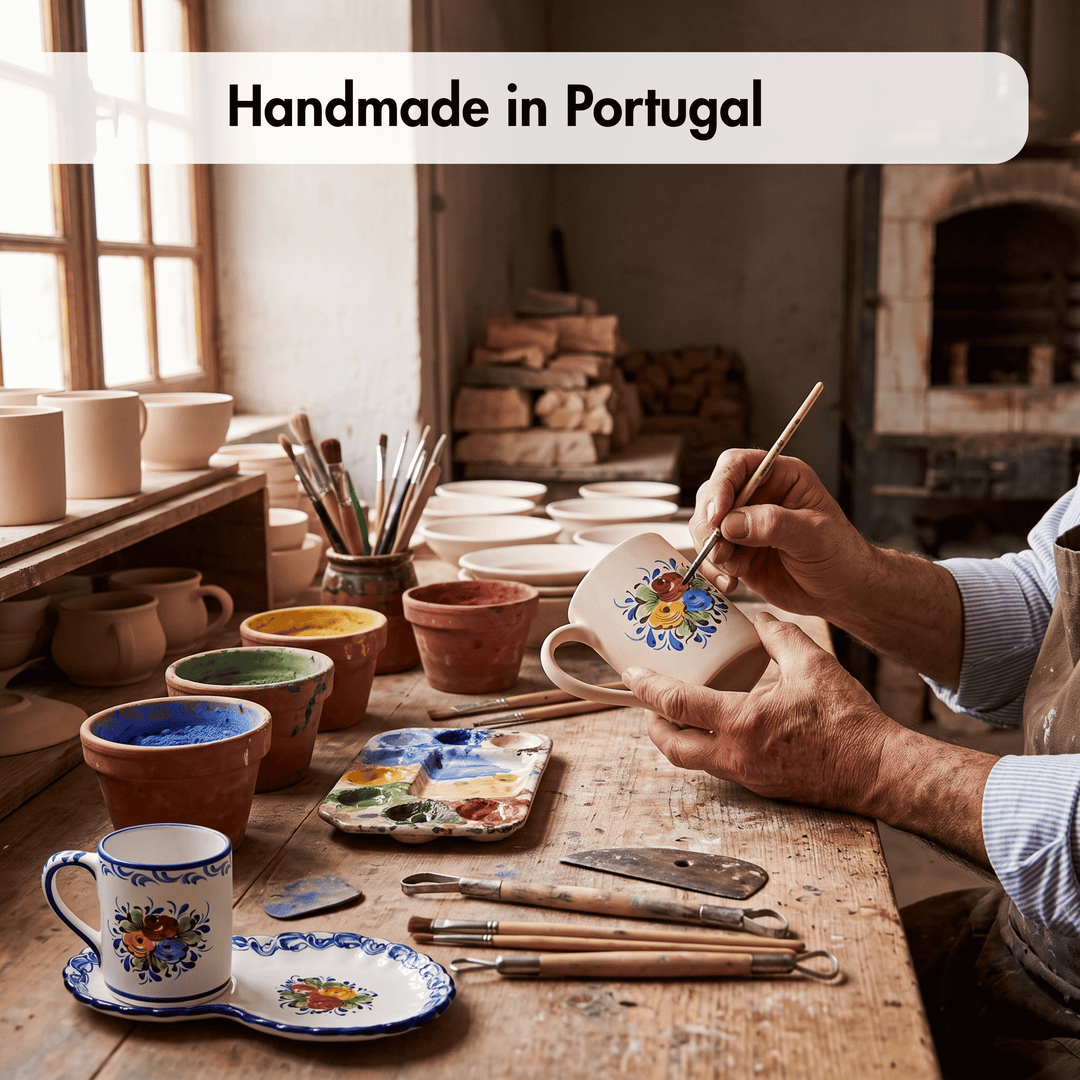 Portuguese Pottery Alcobaça Ceramic Hand Painted Coffee Mug with Tray