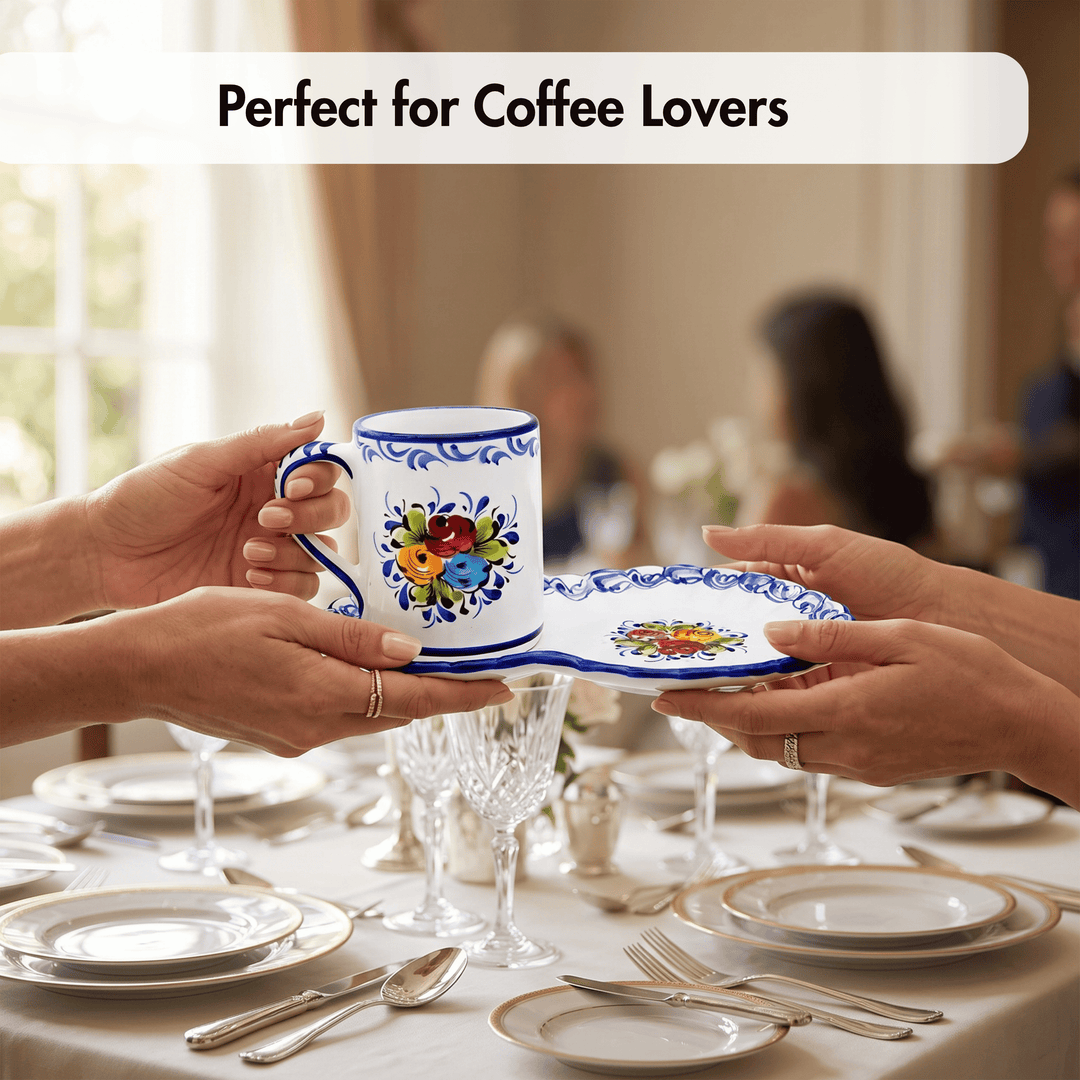 Portuguese Pottery Alcobaça Ceramic Hand Painted Coffee Mug with Tray