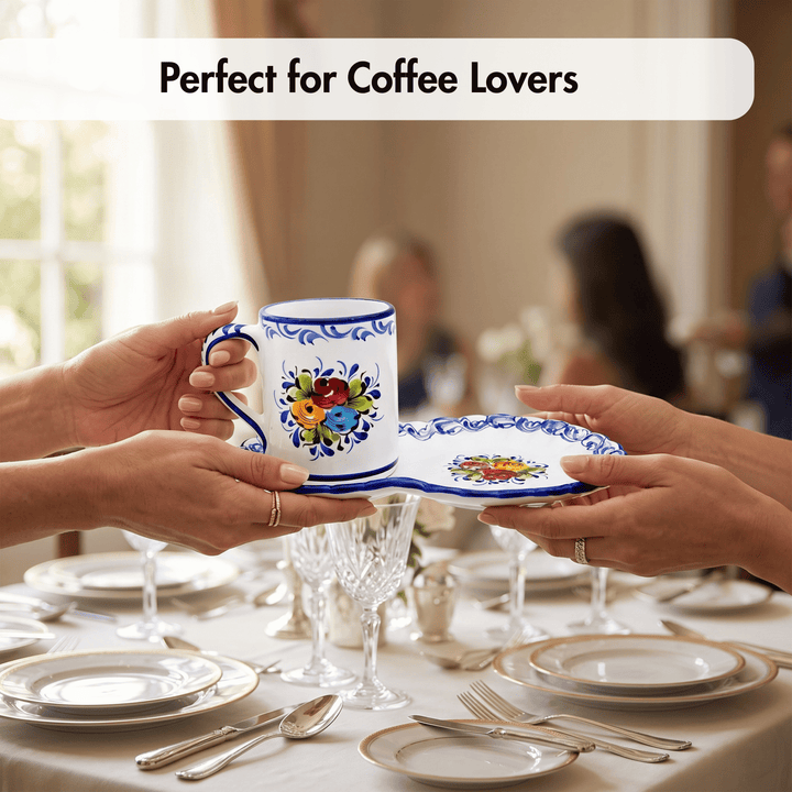 Portuguese Pottery Alcobaça Ceramic Hand Painted Coffee Mug with Tray
