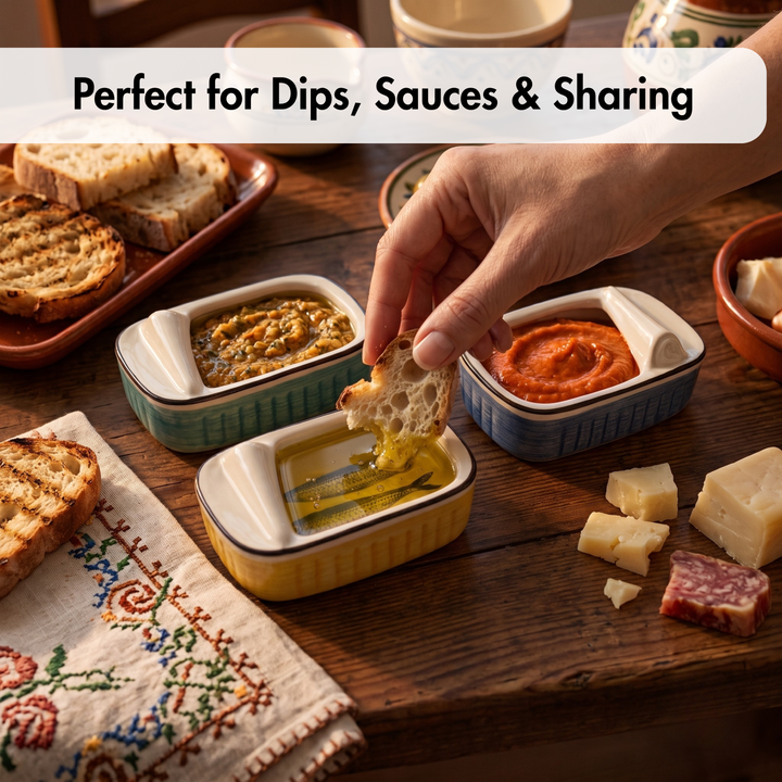 Three small square dipping dishes with cream-colored interiors and blue, green, and yellow outer rims are arranged on a wooden table. A hand is dipping a piece of bread into the yellow dish containing olive oil, while other dishes contain spreads and cheese is scattered nearby.