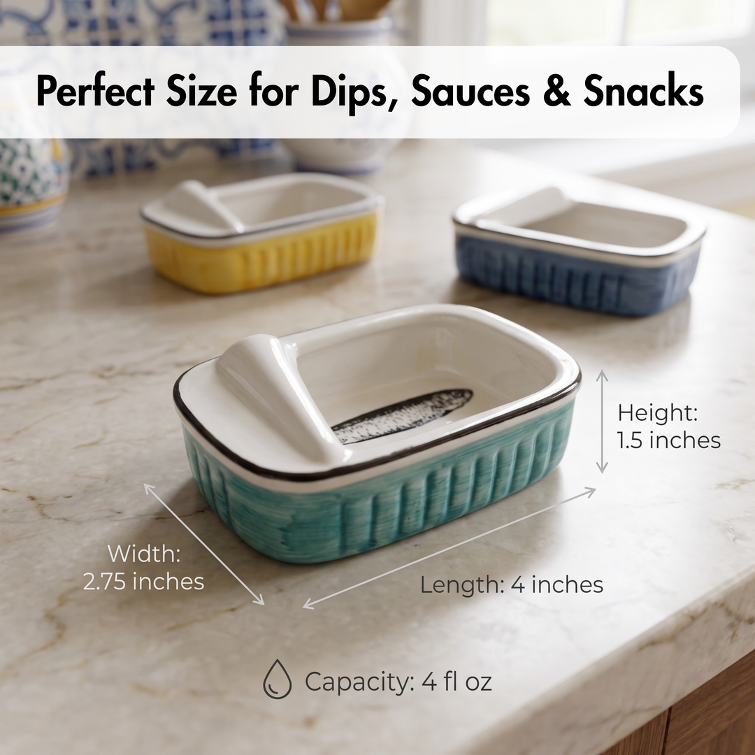A rectangular ceramic dip or snack dish with a lid and built-in spoon, shown on a marble countertop with overlaid dimensions and capacity text. Two more dishes in yellow and blue are blurred in the background.