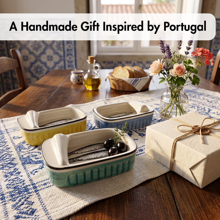Three rectangular ceramic dishes in yellow, teal, and blue are arranged on a table runner in a rustic dining setting, alongside a wrapped gift box, flowers, bread, and a bottle of olive oil. A white banner at the top reads &