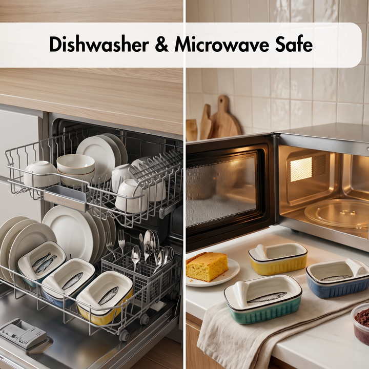 A split-screen comparison showing two sets of dishwasher and microwave-safe square dishes. On the left, white ceramic dishes and bowls are neatly arranged inside a stainless steel dishwasher under a wooden countertop.
