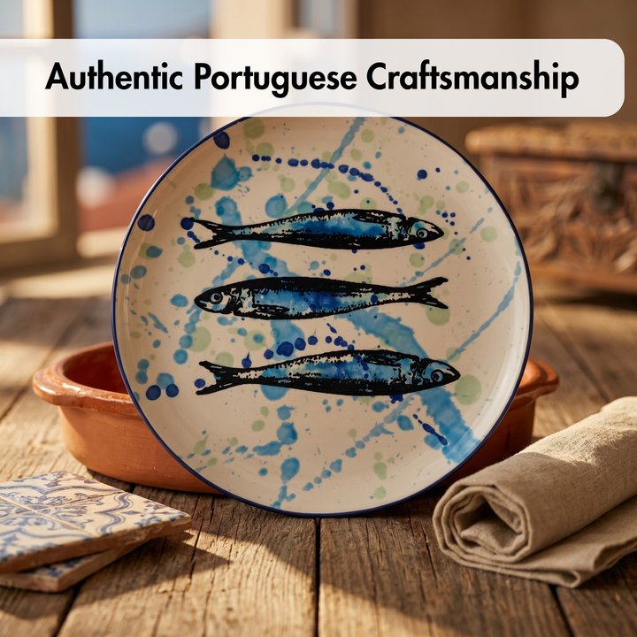 Ceramic plate with fish design on a wooden table, featuring 'Authentic Portuguese Craftsmanship' text.