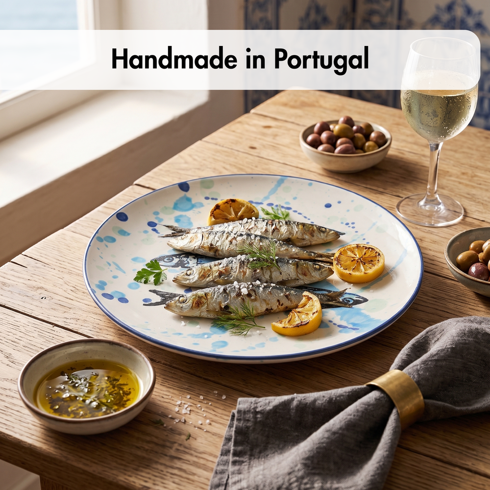 Plated dish of grilled fish with a glass of white wine on a wooden table, with 'Handmade in Portugal' text.