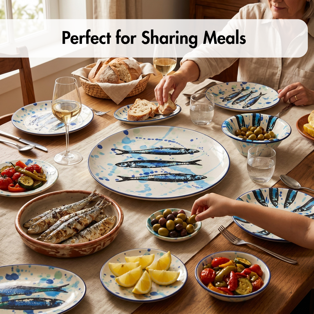 Dining table set with plates of food and people sharing a meal, with text 'Perfect for Sharing Meals'.