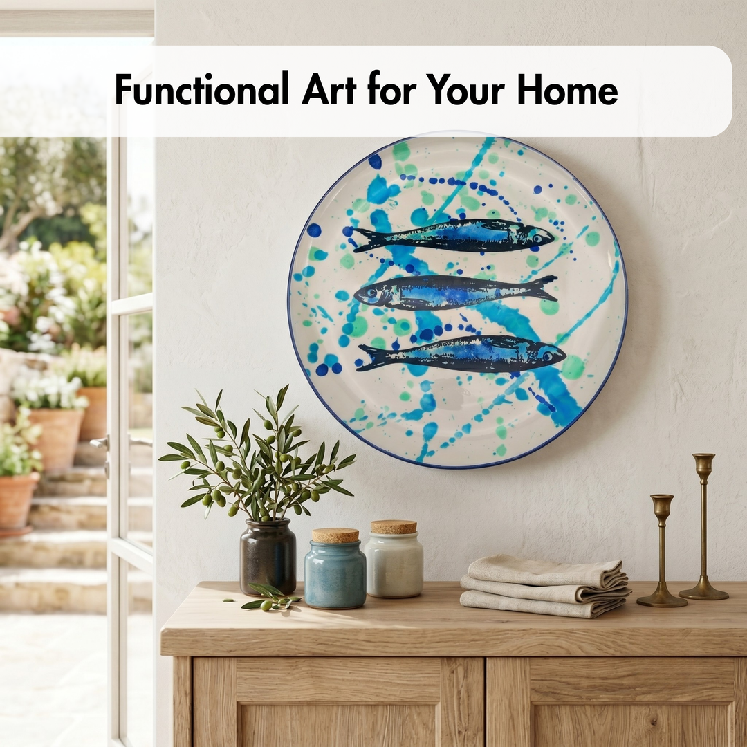 Decorative plate with fish design on a wall above a wooden console table with home decor items.