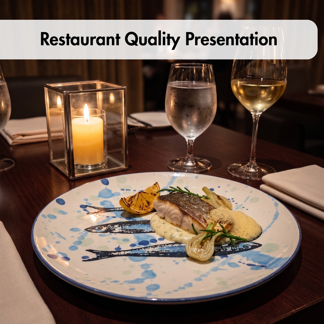 Dinner table setting with a plated dish, wine glasses, and a candle, labeled 'Restaurant Quality Presentation'.