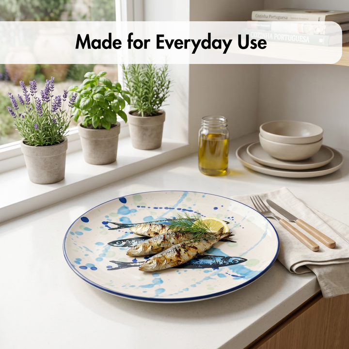 Dish with fish on a kitchen counter with plants and jars in the background