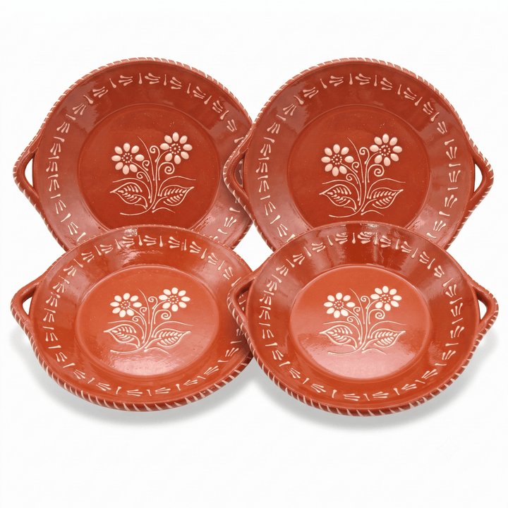 Portuguese Pottery Glazed Terracotta Clay Skillet Dinner Plate - Set of 4