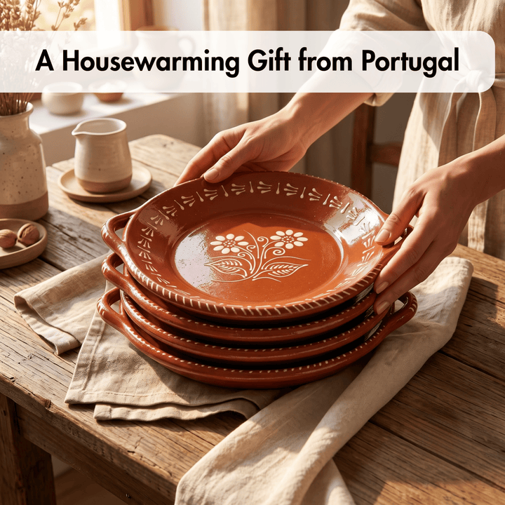 Portuguese Pottery Glazed Terracotta Clay Skillet Dinner Plate - Set of 4