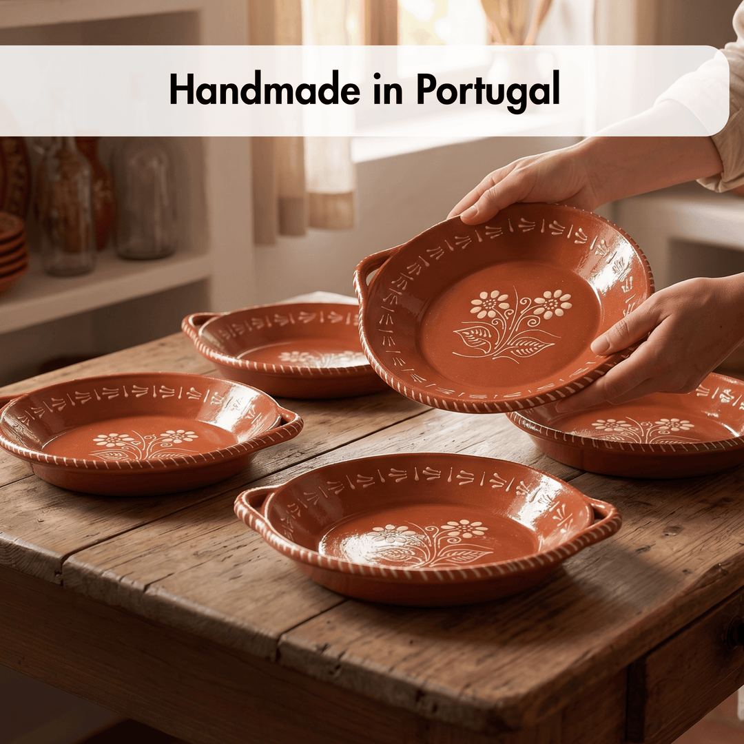 Portuguese Pottery Glazed Terracotta Clay Skillet Dinner Plate - Set of 4