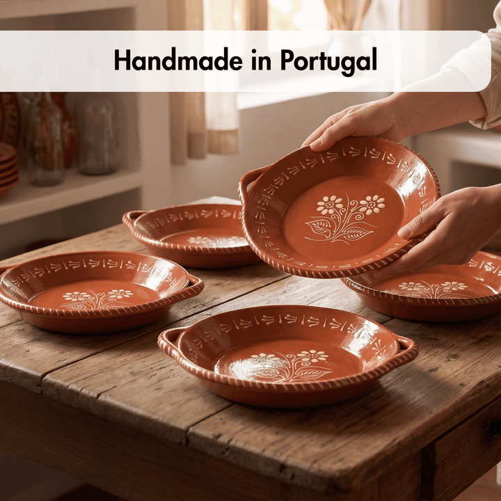 Portuguese Pottery Glazed Terracotta Clay Skillet Dinner Plate - Set of 4