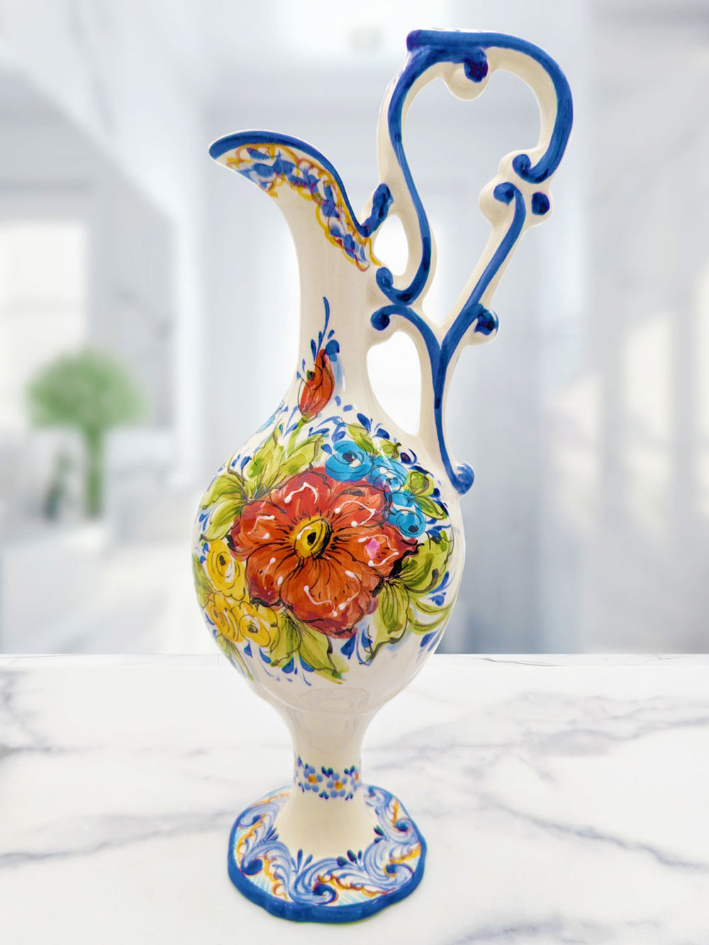 Portuguese Pottery Hand Painted Alcobaça Ceramic Floral Pitcher - Gomil