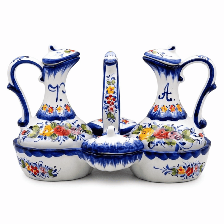Portuguese Pottery Hand Painted Ceramic Olive Oil, Vinegar, Salt and Pepper Dispenser Cruet Set