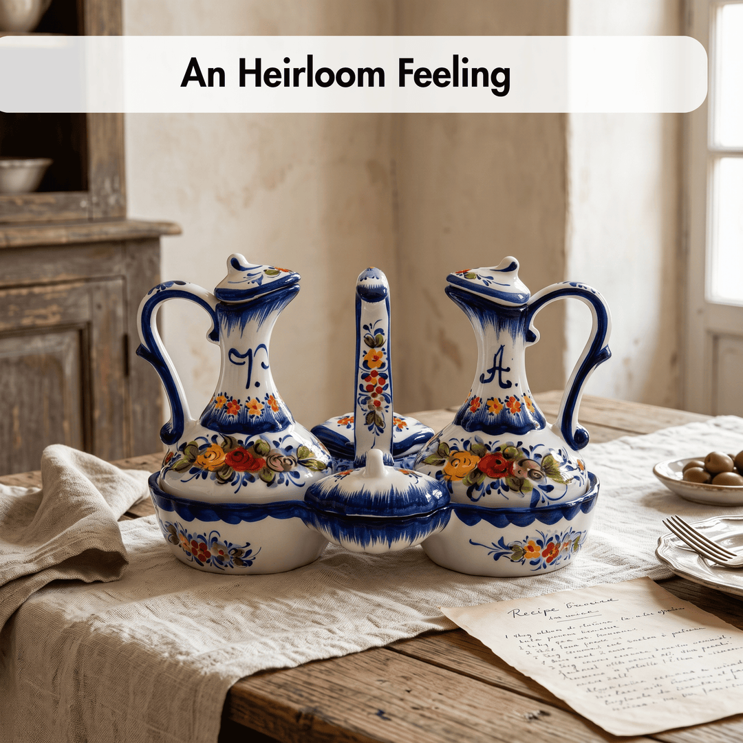 Portuguese Pottery Hand Painted Ceramic Olive Oil, Vinegar, Salt and Pepper Dispenser Cruet Set
