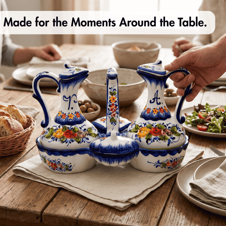 Portuguese Pottery Hand Painted Ceramic Olive Oil, Vinegar, Salt and Pepper Dispenser Cruet Set