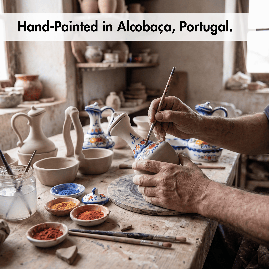 Portuguese Pottery Hand Painted Ceramic Olive Oil, Vinegar, Salt and Pepper Dispenser Cruet Set