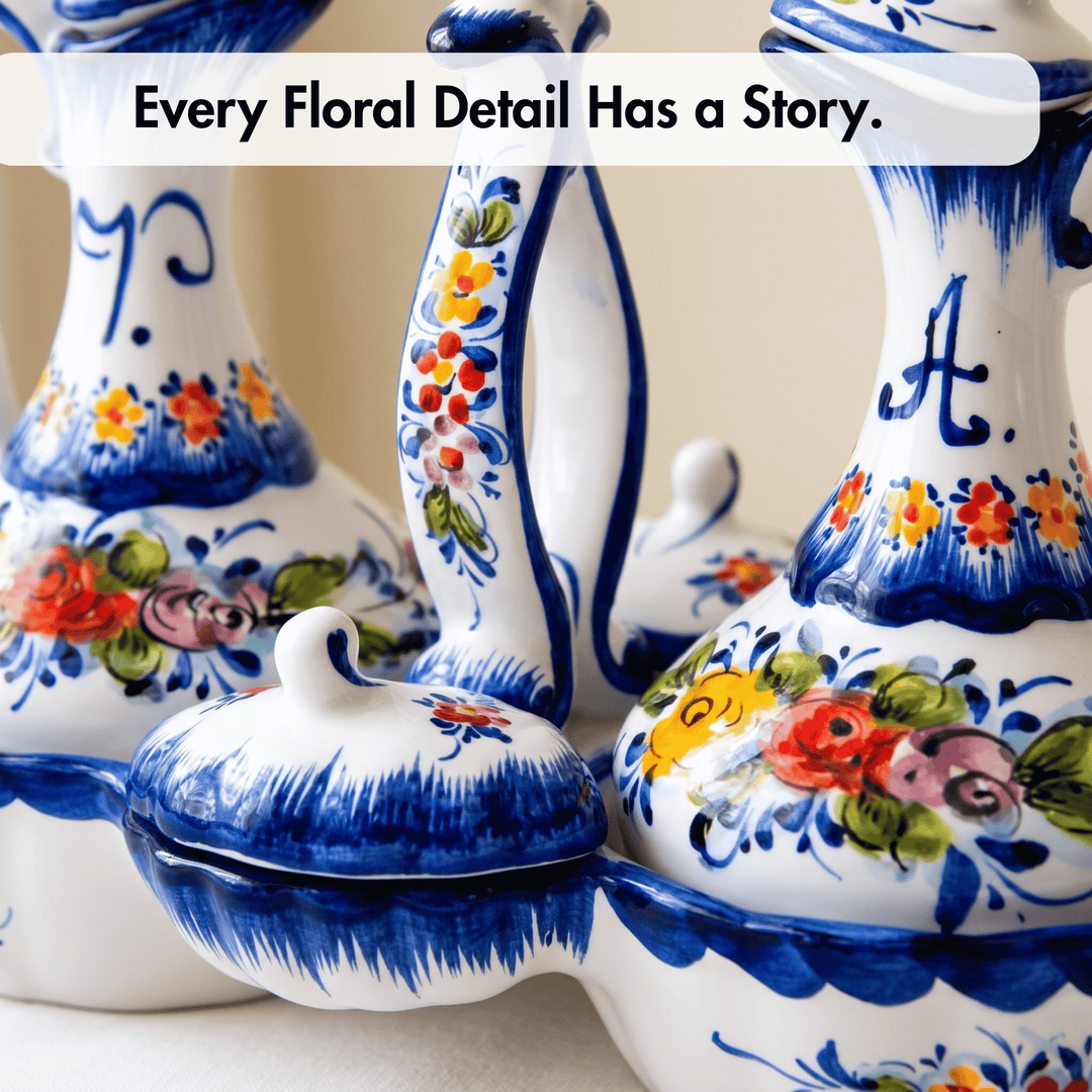 Portuguese Pottery Hand Painted Ceramic Olive Oil, Vinegar, Salt and Pepper Dispenser Cruet Set