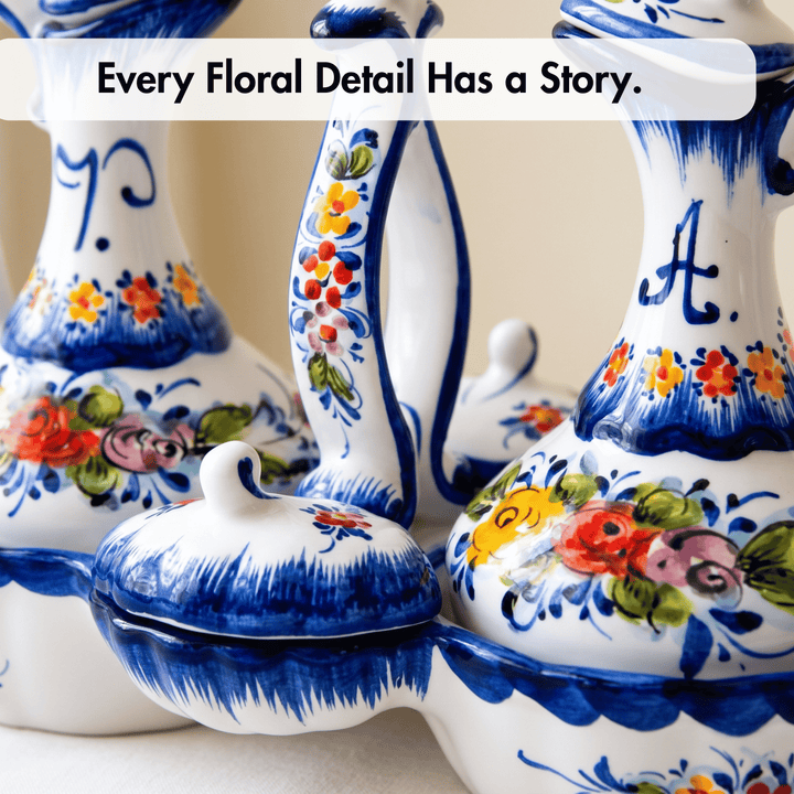 Portuguese Pottery Hand Painted Ceramic Olive Oil, Vinegar, Salt and Pepper Dispenser Cruet Set