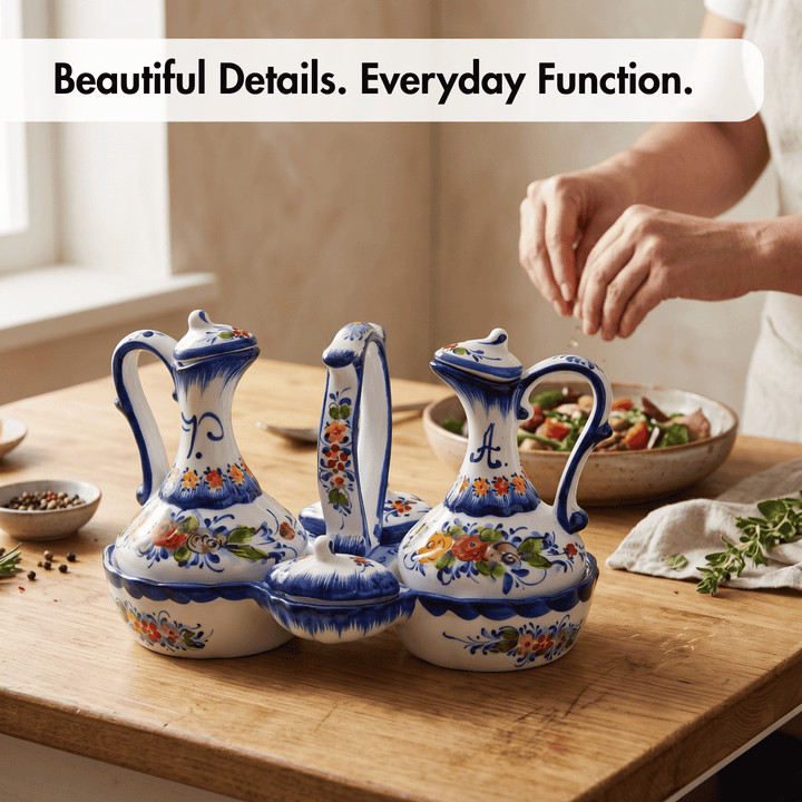 Portuguese Pottery Hand Painted Ceramic Olive Oil, Vinegar, Salt and Pepper Dispenser Cruet Set