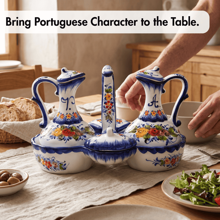 Portuguese Pottery Hand Painted Ceramic Olive Oil, Vinegar, Salt and Pepper Dispenser Cruet Set