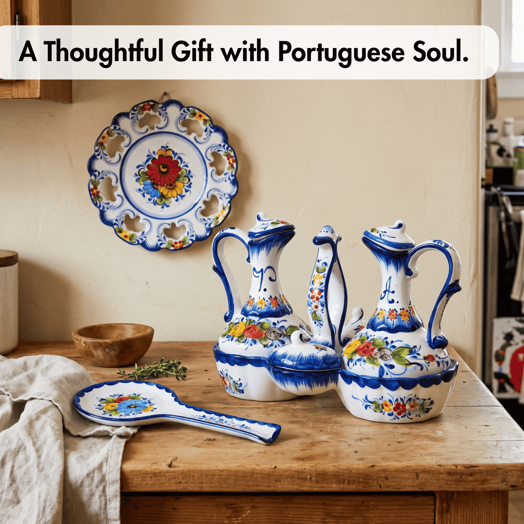 Portuguese Pottery Hand Painted Ceramic Olive Oil, Vinegar, Salt and Pepper Dispenser Cruet Set