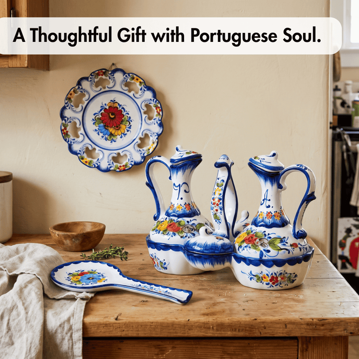Portuguese Pottery Hand Painted Ceramic Olive Oil, Vinegar, Salt and Pepper Dispenser Cruet Set
