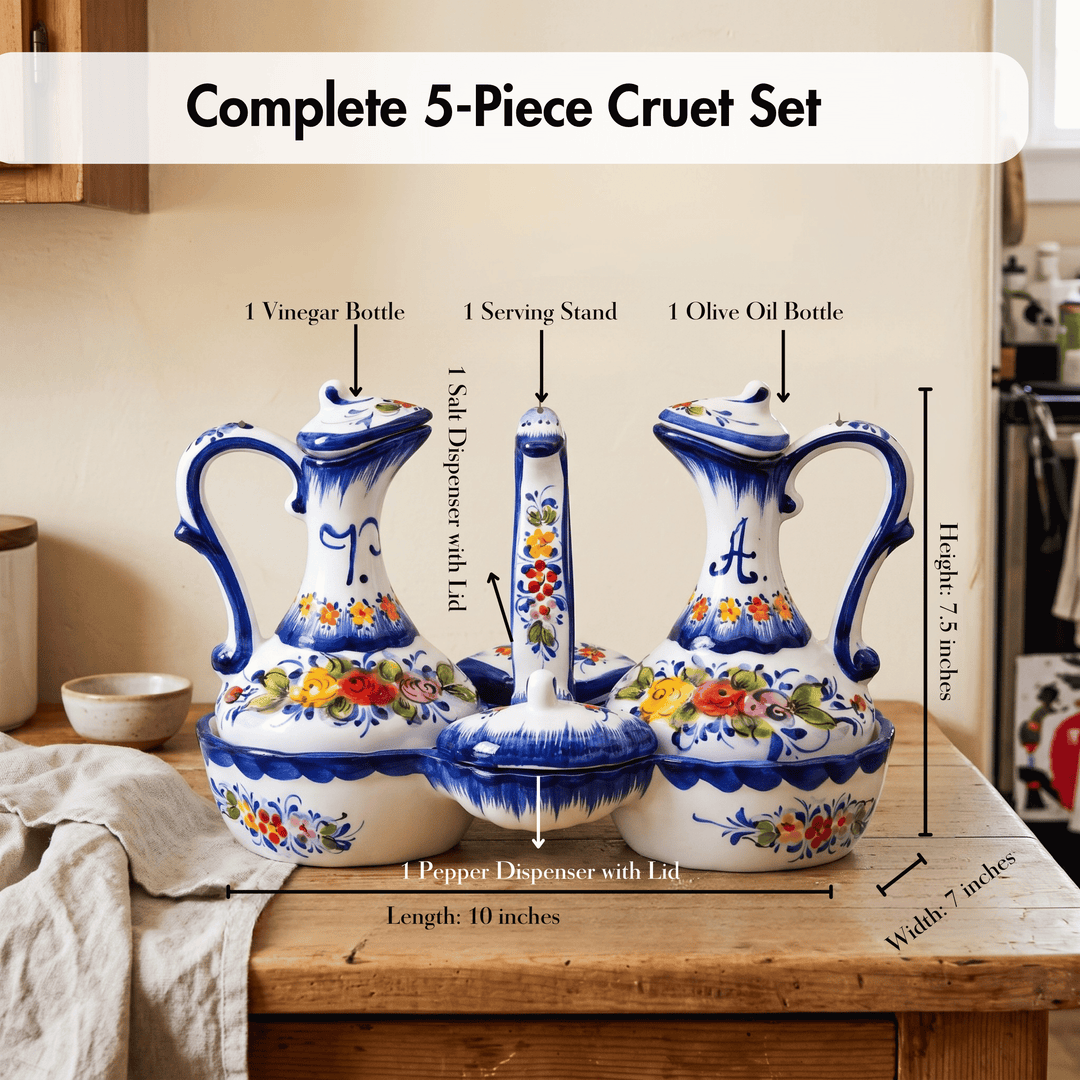 Portuguese Pottery Hand Painted Ceramic Olive Oil, Vinegar, Salt and Pepper Dispenser Cruet Set