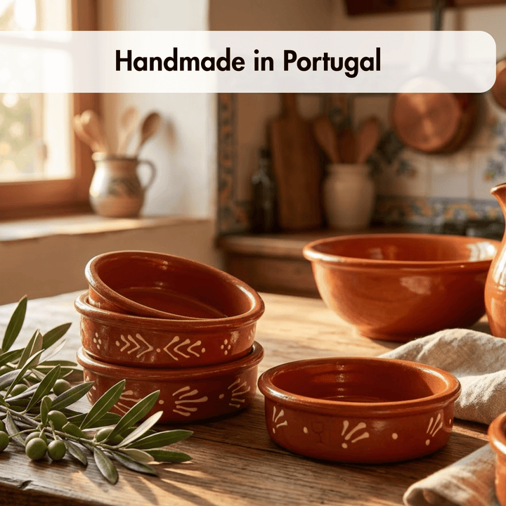 Terracotta clay bowls with white hand-painted decorative patterns, displayed on a rustic wooden table in a warm kitchen setting with the text &