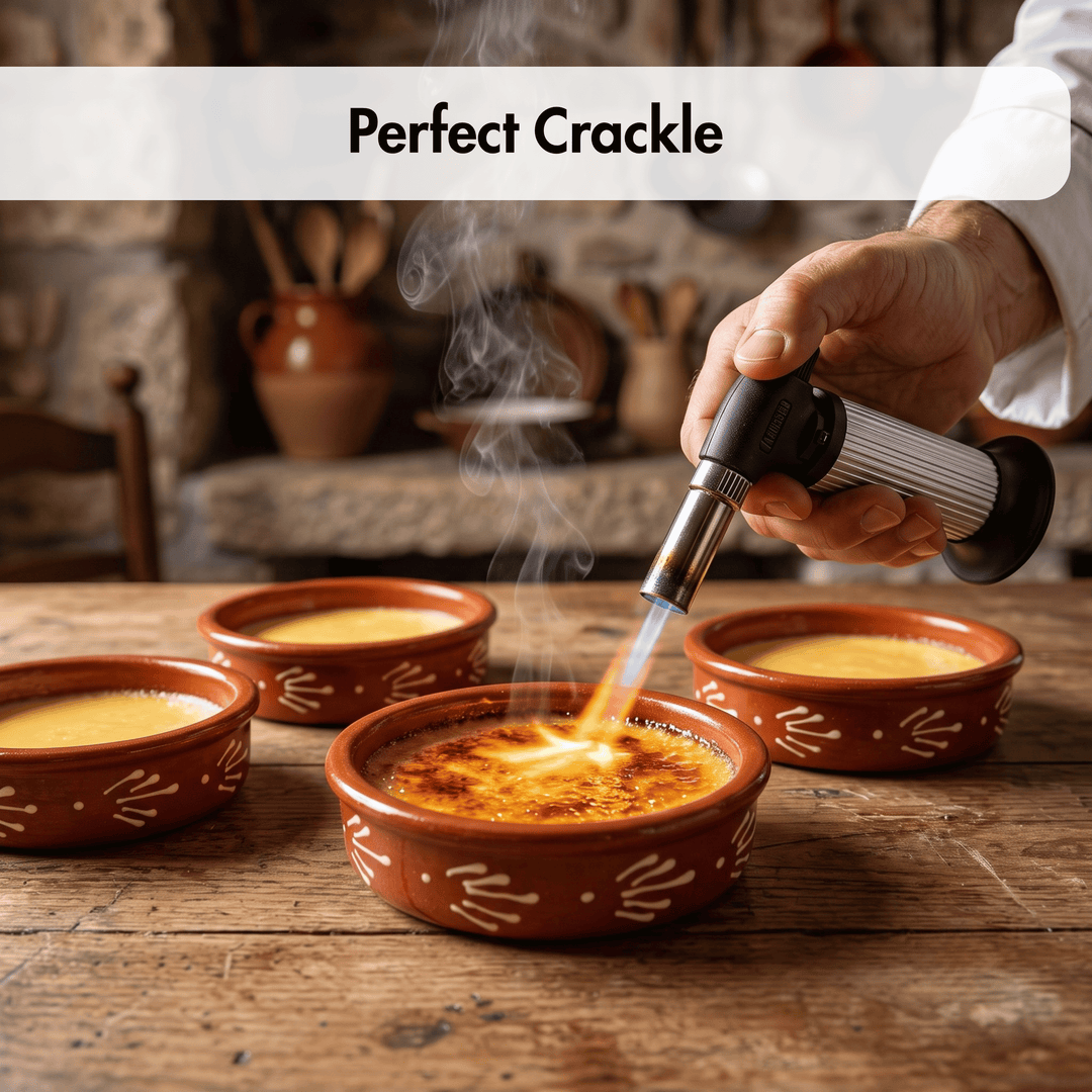 A close-up of a hand using a culinary torch to caramelize the surface of a crème brulé in a terracotta bowl, with three similar bowls on a rustic wooden table. A text banner at the top reads &