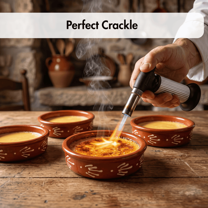 A close-up of a hand using a culinary torch to caramelize the surface of a crème brulé in a terracotta bowl, with three similar bowls on a rustic wooden table. A text banner at the top reads &