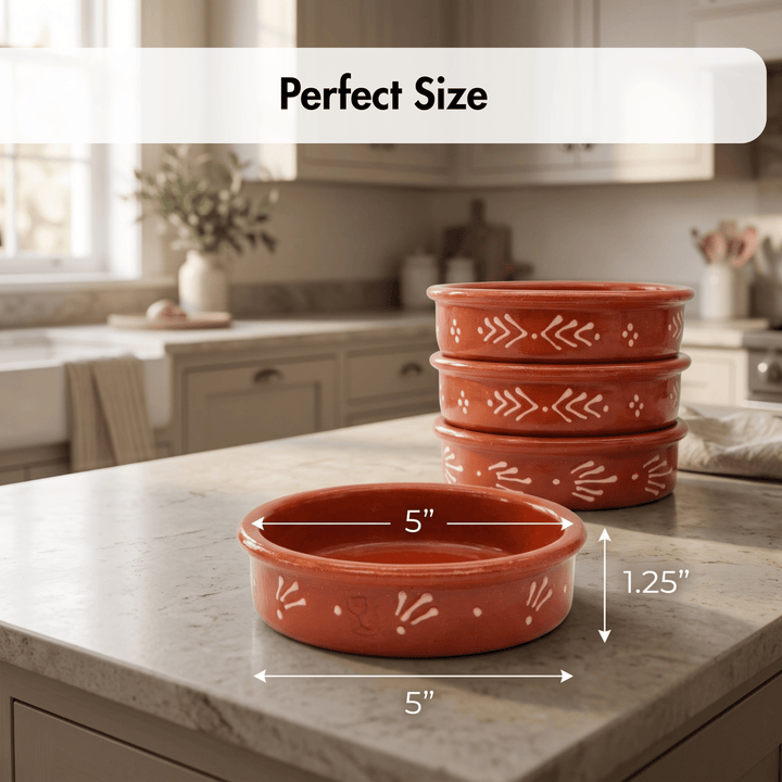 Three round terracotta-colored ceramic bowls with white hand-painted geometric patterns are shown on a kitchen countertop. The front bowl is labeled with dimensions (5 inches by 1.