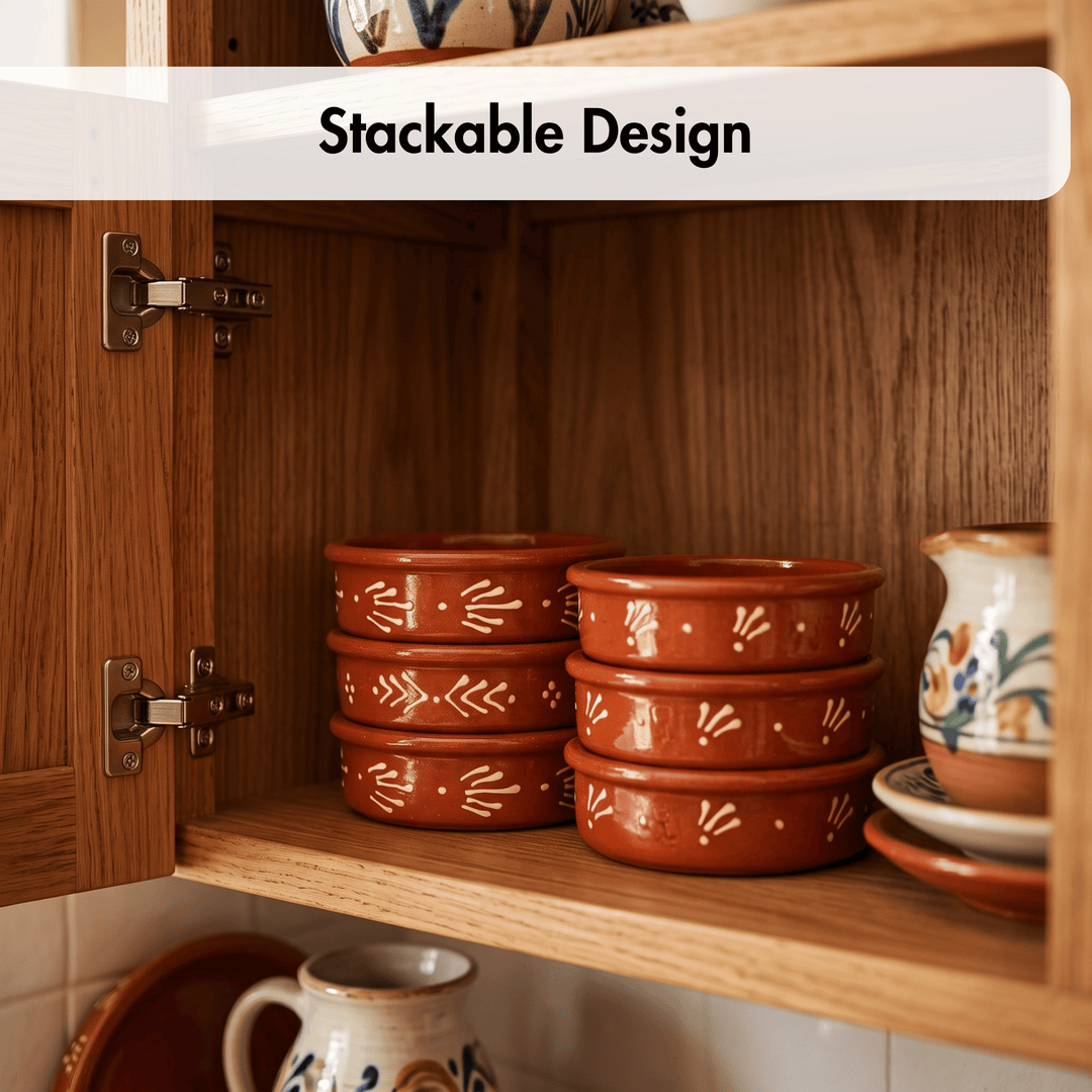 Terracotta-colored stackable ceramic bowls with white hand-painted patterns, neatly stacked inside a wooden kitchen cabinet. A white banner at the top reads &