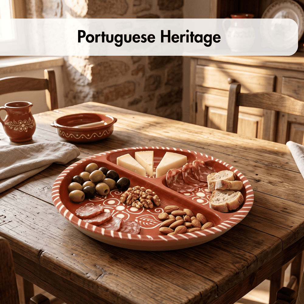 A round terracotta-colored serving platter with white Portuguese-style patterns, filled with cheese, olives, nuts, and cured meat, set on a rustic wooden table in a warm, sunlit room. A text overlay at the top reads 'Portuguese Heritage'.