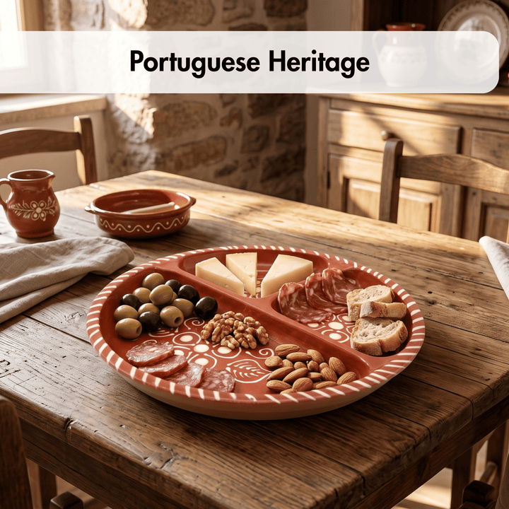 A round terracotta-colored serving platter with white Portuguese-style patterns, filled with cheese, olives, nuts, and cured meat, set on a rustic wooden table in a warm, sunlit room. A text overlay at the top reads &